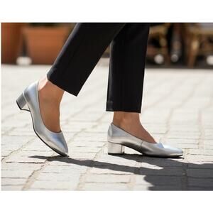Women’s Matte Leather Square Toe Slip On Pumps Chunky Low Heel 1.5 Silver